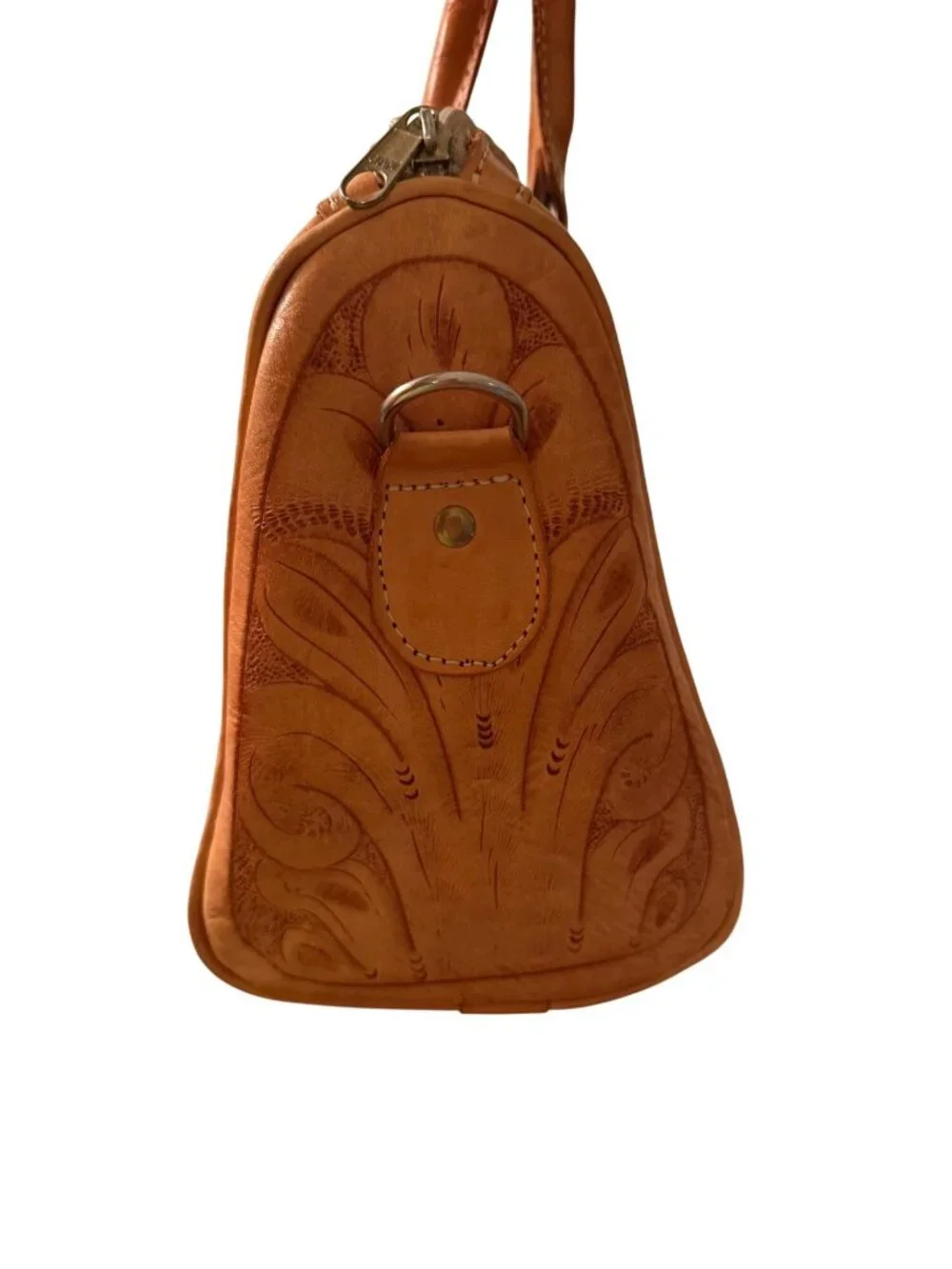 Vintage Womens Rectangular Hand-tooled Leather Handbag Top Handles Tan Western